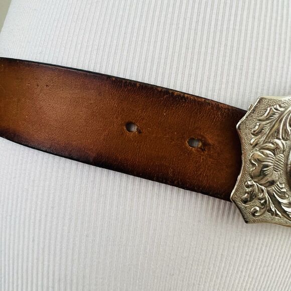 Collectible Chambers Belt Co. Brown Tooled Leather Silver Horse Head Buckle 42" - Picture 3 of 12